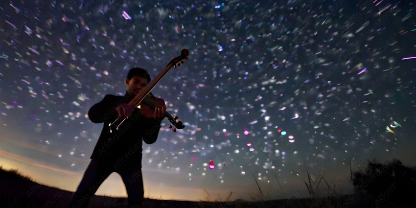 A man playing a violin under a starry sky