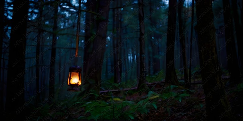 A lantern in the woods at night