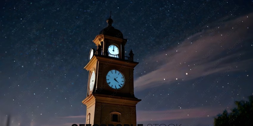 A clock tower with two clocks lit up at night