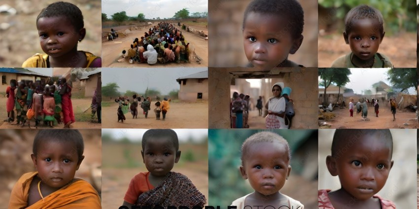 A collage of children in a village