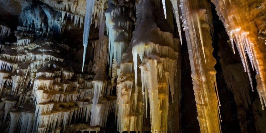 A cave with yellow and blue icicles