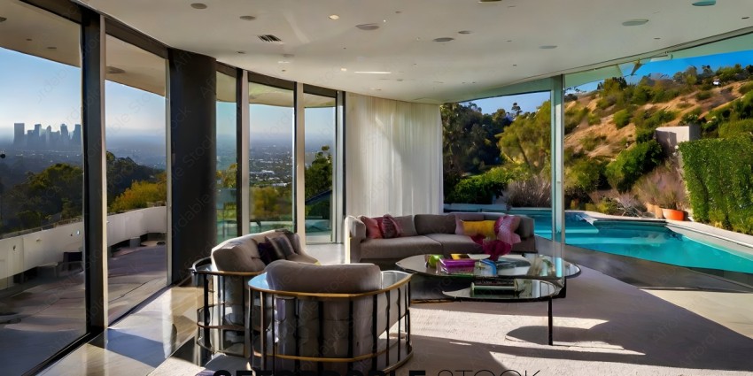A modern living room with a glass wall and a city view