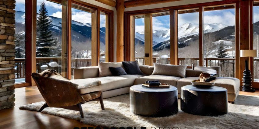 A cozy living room with a mountain view