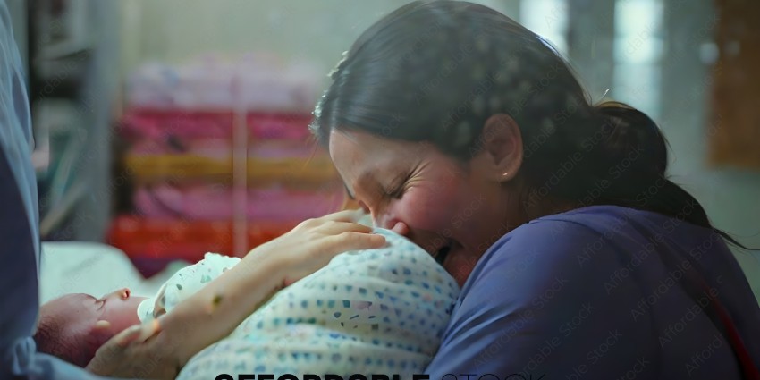 A woman crying while holding a baby