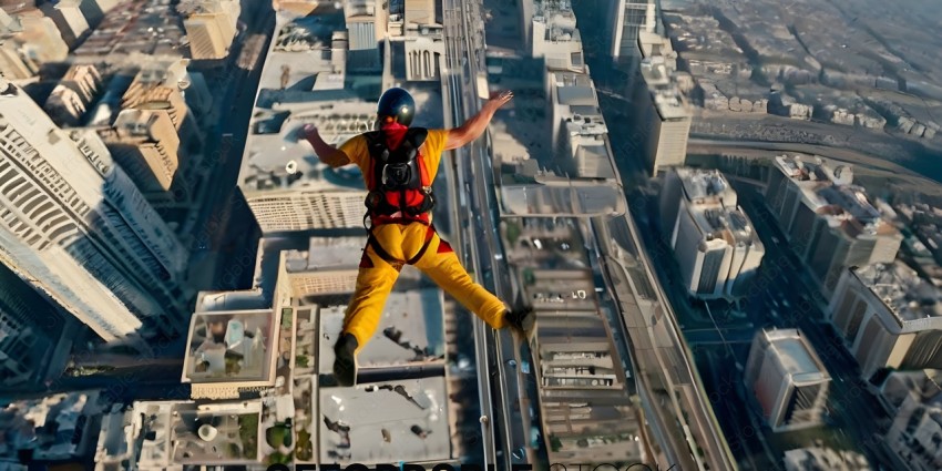 A man in a yellow jumpsuit is skydiving over a city