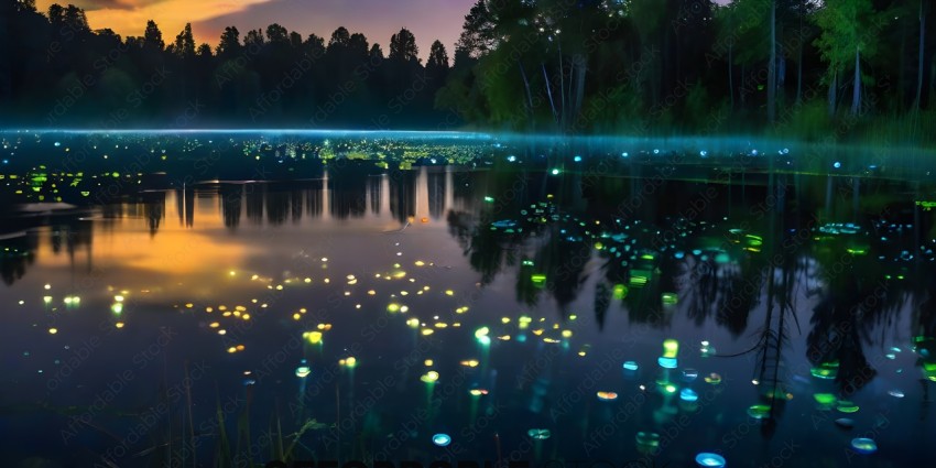 A beautiful night scene of a lake with lights