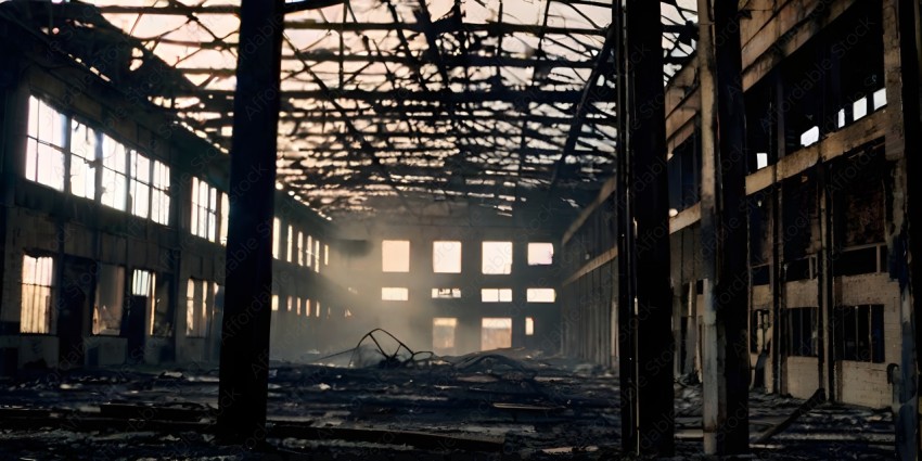A dark, abandoned building with a hazy, smoky atmosphere