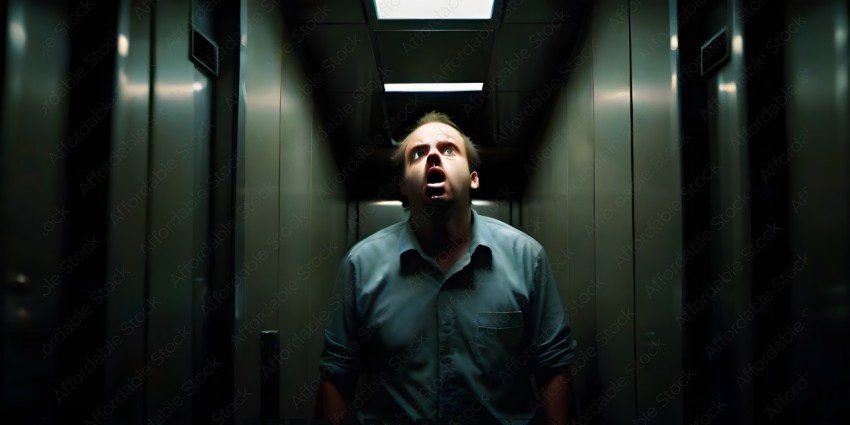 Man in a grey shirt with his mouth open in a stairwell
