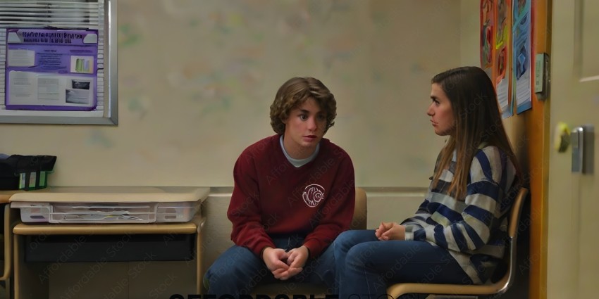 A young man and woman sit in a classroom