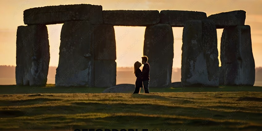 A couple kissing in front of a large rock formation