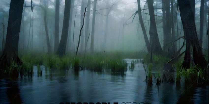 A foggy forest with a stream running through it