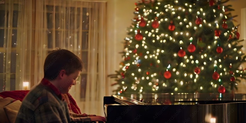 A young boy playing the piano in front of a Christmas tree