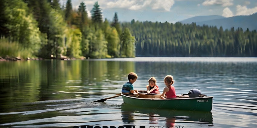 Three children in a small boat on a lake