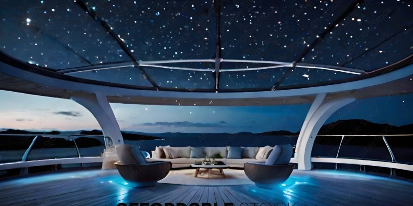 A luxurious living room with a view of the stars