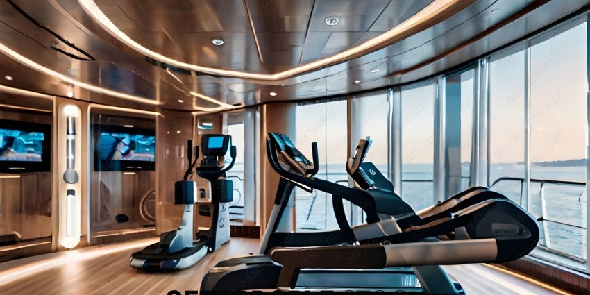 A gym with a view of the ocean