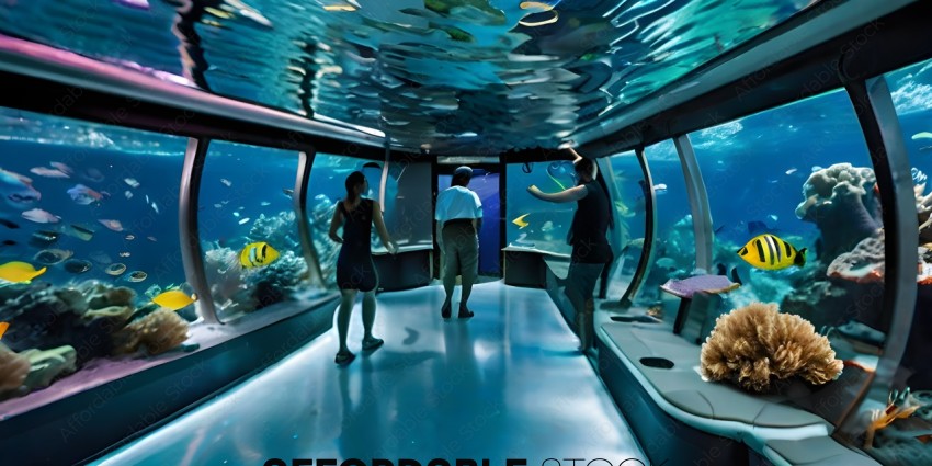 Three people looking at fish in an aquarium