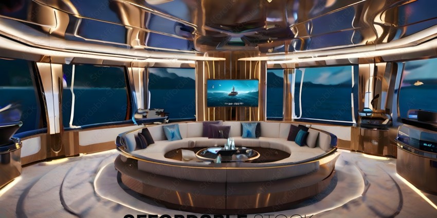 A luxurious yacht interior with a large flat screen television