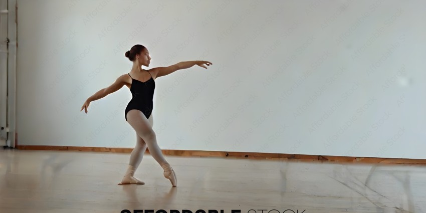 A female dancer in a black leotard and tights