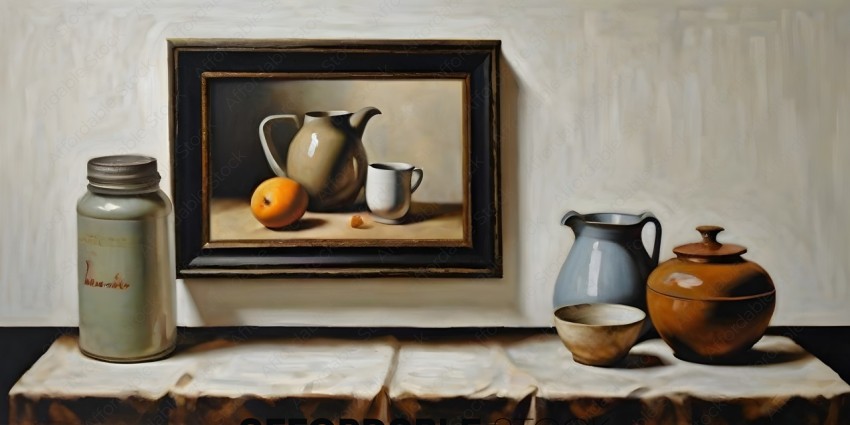 A painting of a tea set on a table