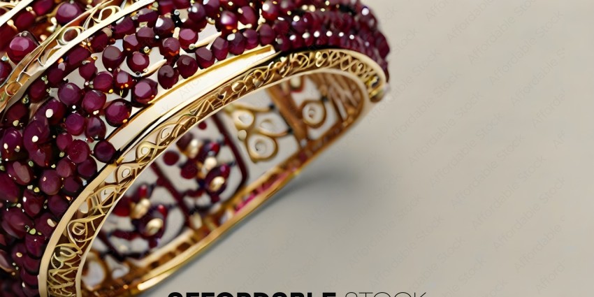 A gold bracelet with red and clear stones