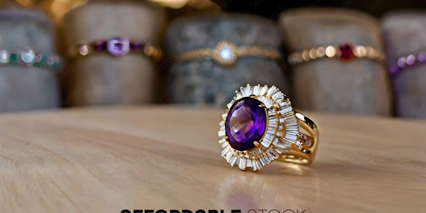 A gold ring with a purple gemstone