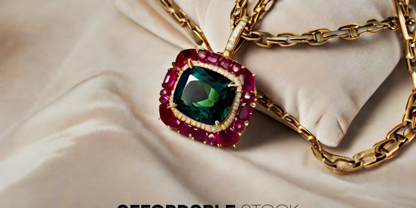 A gold chain with a red gemstone and green gemstone