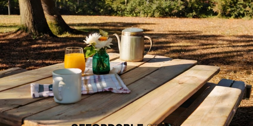 A picnic table with a pitcher of orange juice and a vase of flowers