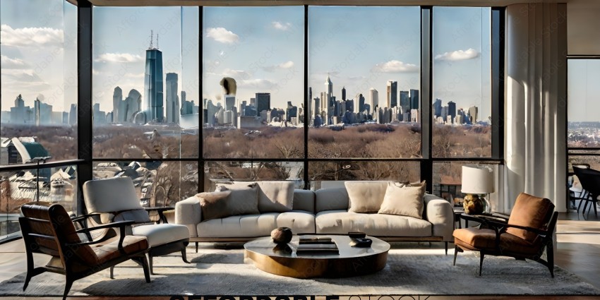 A modern, minimalist living room with a cityscape view
