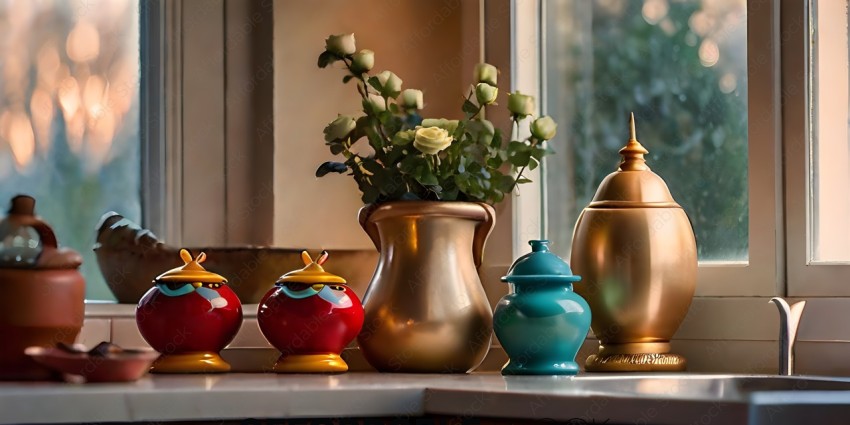 A row of colorful vases with flowers