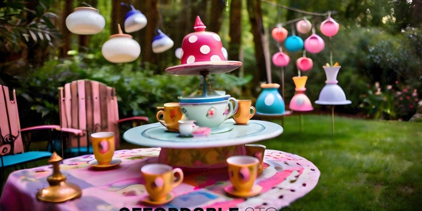 A tea set with a pink and white polka dot teapot and cups