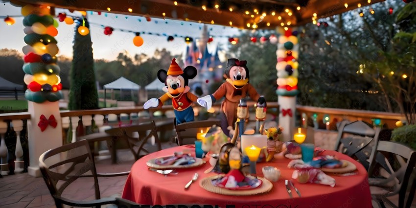 Mickey Mouse and Minnie Mouse at a table with a red tablecloth