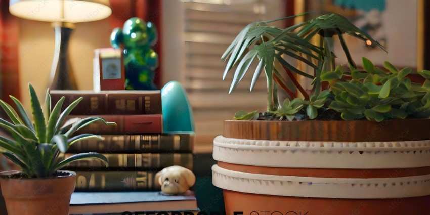 A collection of books and a plant in a pot