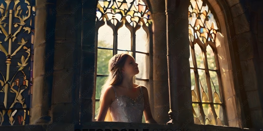 A woman in a white dress looking out a window