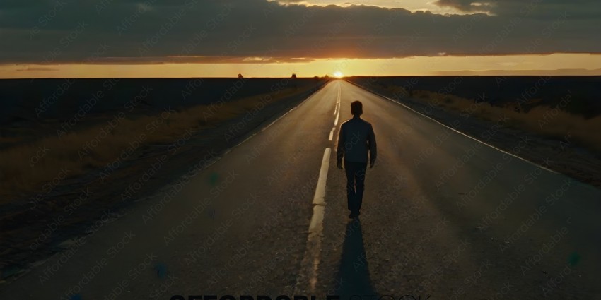 A man walks down a lonely road at sunset