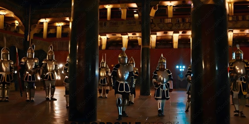 Men in armor marching in a hall