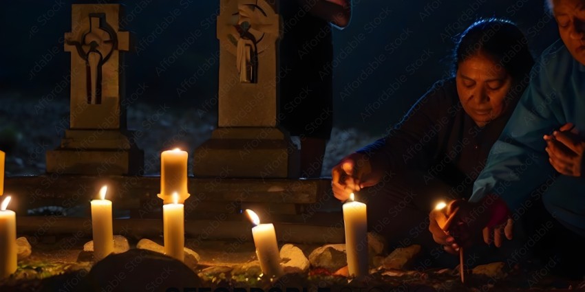 A person sitting in front of a candlelit memorial