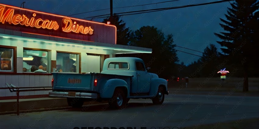 A blue truck parked in front of a diner