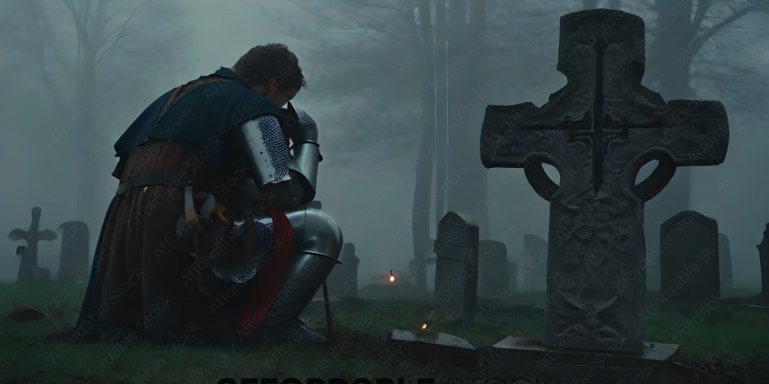 A Knight in Armor Sits in a Graveyard