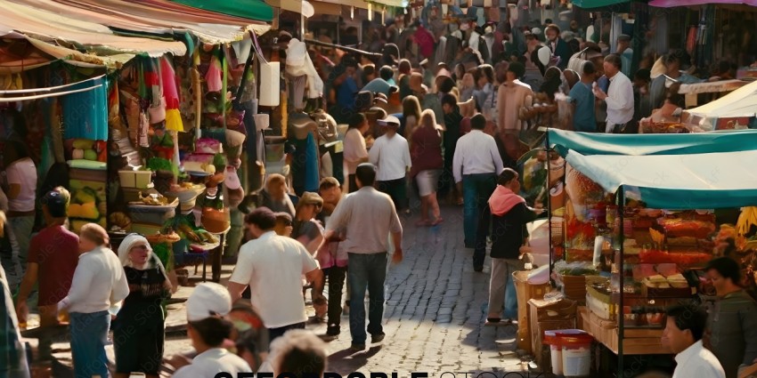 A crowded marketplace with people walking on a cobblestone street