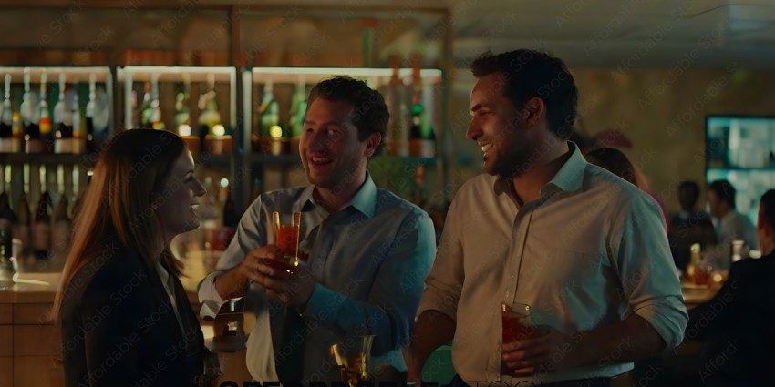 Three men in a bar holding drinks and smiling