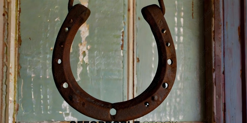 A rusted metal horse shoe hanging on a wall