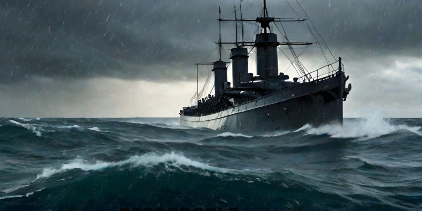 A large ship in the ocean with a stormy sky