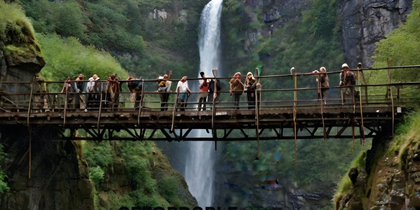 A group of people standing on a bridge over a waterfall