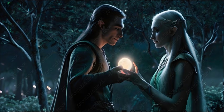 A man and a woman looking at a ball of light