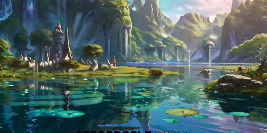 A fantasy world with a man standing on a rock in the middle of a lake