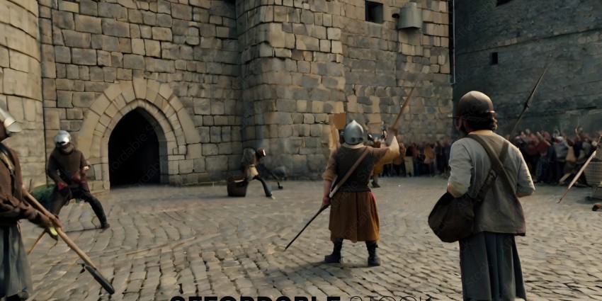 A man in a brown outfit is holding a sword