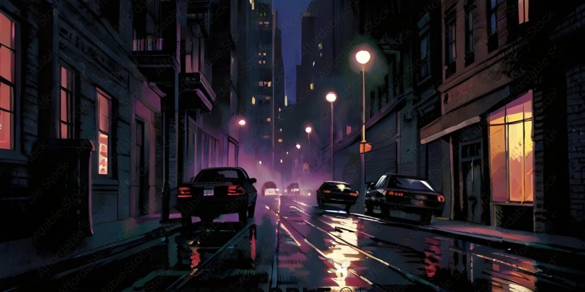 A city street at night with cars and a person
