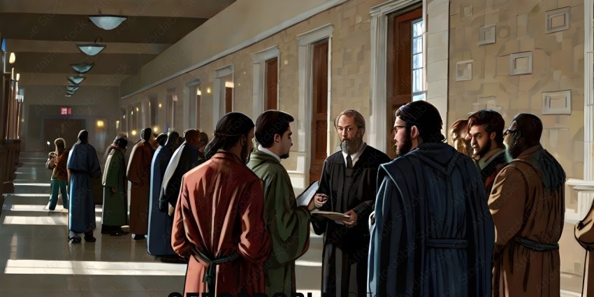 A group of people in religious robes are talking to a man in a black robe
