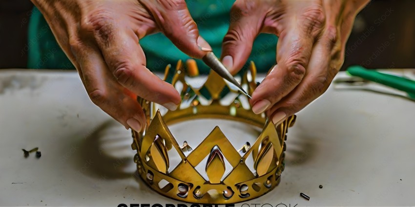 A person is making a crown with a pair of scissors