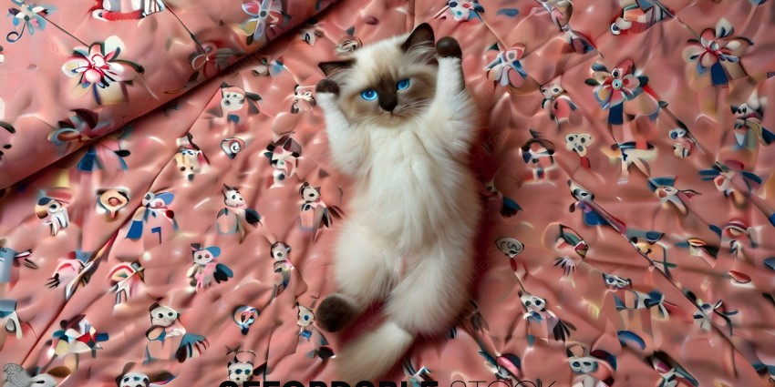 A white kitten with blue eyes laying on a pink blanket